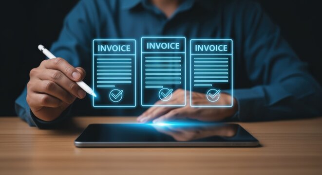 Digital Invoice Processing on Tablet with Stylus for Efficient Business Accounting and Financial Management - Powered by Adobe
