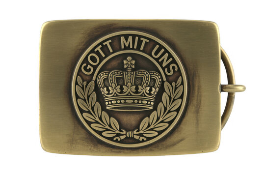 Brass belt buckle with crown and Gott Mit Uns metal isolated on a transparent background