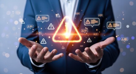 Man in suit holds digital warning sign, cybersecurity alert, risk management, and data protection concept