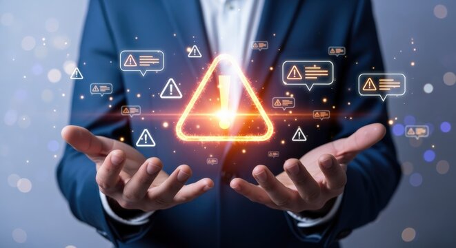 Man in suit holds digital warning sign, cybersecurity alert, risk management, and data protection concept - Powered by Adobe