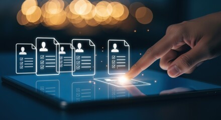 Online Recruitment Concept: Hand Interacting with Digital Resume Icons on Tablet Display for Job Search
