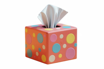Colorful polka dot tissue box with tissues emerging from the top on transparent background