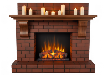 Brick fireplace with burning fire and candles on mantel isolated on a transparent background