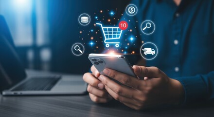 Online Shopping Experience: Man Using Smartphone with Virtual Cart, Delivery, and E-commerce Icons