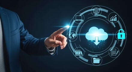 Cloud Computing Interface: Businessman Interacting with a Modern Digital Cloud Network Technology System on a Virtual Screen