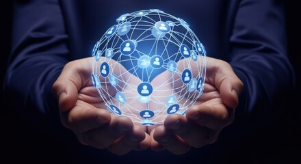Connected World: Hands Holding a Glowing Network Globe Representing Global Communication and Social Connections