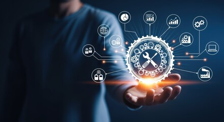 Digital Transformation with Hand Displaying Service Icons and Engineering Tools for Business Process Automation