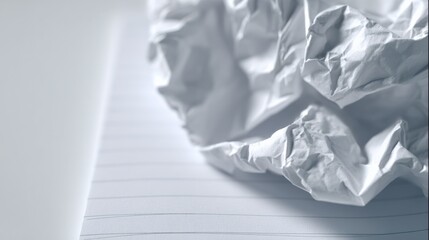 Crumpled Paper Ball on Lined Notebook, Representing Writer's Block and Creative Process in a Minimalist Style
