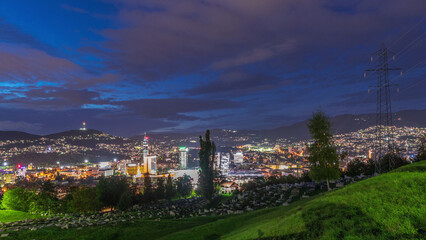 City panorama from Old Jewish cemetery day to night timelapse in Sarajevo