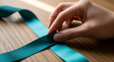 Close Up of Hand Tying Teal Ribbon on Wooden Surface