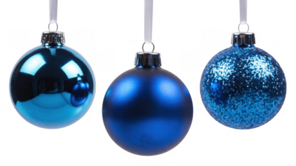 Blue Christmas Ornaments Hanging on White Strings isolated on a transparent background