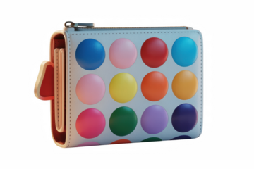 Stylish colorful polka dot wallet featuring numerous vibrant circles on transparent background