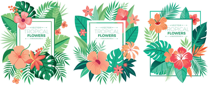 Exotic tropical flowers and leaves in vibrant colors with text placeholder