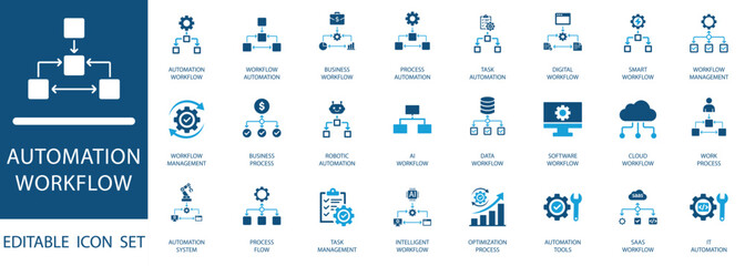 Automation workflow icon set .featuring digital transformation, robotic AI, cloud data, and task management symbols. Vector flat design for software and IT systems.