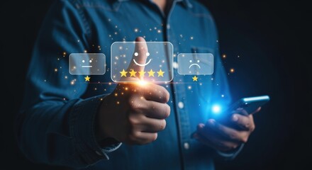 Customer Feedback Online: Man Giving Positive Rating with Thumbs Up on Smartphone Display Interface