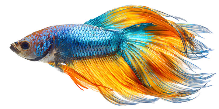 Vibrant betta fish displaying long, colorful fins isolated on white background