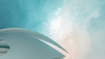 Aerial timelapse of the Palau de les Arts Reina Sofia in Valencia during a fireworks show. Spain
