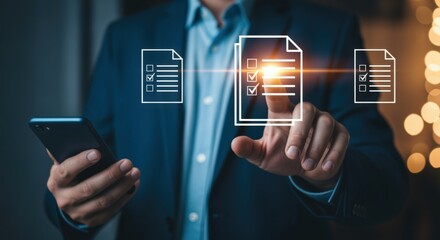 Businessman interacts with virtual documents and online forms, showcasing digital transformation and document management solutions