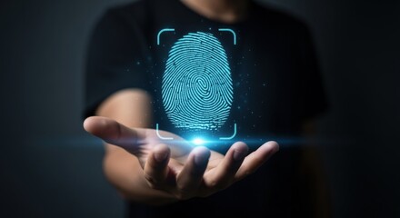 Man Presents Holographic Fingerprint Scan for Security, Biometrics, and Future Technology Solutions in Dark Environment