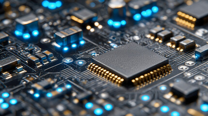 Macro electronic circuit board with microchip and blue LEDs