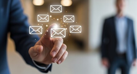 Email Marketing Concept: Businessman Activating Digital Mail Icons with Touch, Business Communication and Technology