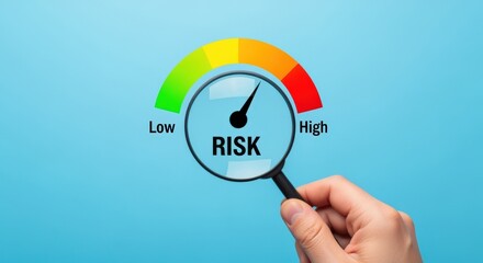 Risk assessment concept with gauge showing low to high levels and magnifying glass in hand