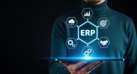 ERP System Concept: Man Holding Tablet Displaying Enterprise Resource Planning Icons for Business Management