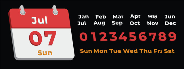 3d calendar template elements, daily planner date page vector with July text numbers and weekdays for appointment reminders and organizer designs