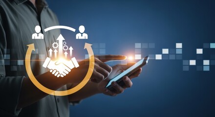 Businessperson Using Smartphone to Visualize Partnership Success, Cooperation, and Growth Opportunities in a Technology-Driven Environment