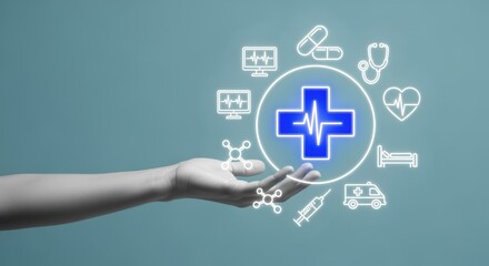 Obraz premium Medical Iconography Floating Above a Hand: Healthcare, Technology, and Wellness Concept with Abstract Design