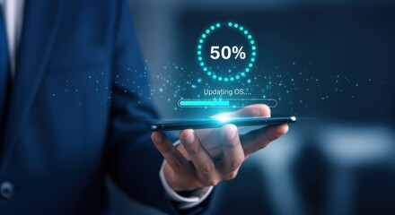 Operating System Update on Mobile Device Displaying 50% Completion, Held by Business Professional