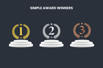 Simple award winners design with gold, silver and bronze laurel wreaths on podium for first, second and third place ranking and achievement.