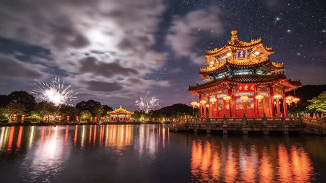 Beautiful Chinese Pagoda Illuminated at Night with Starry Sky and Reflections.