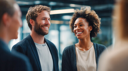 Diverse professionals smiling and talking in an office setting