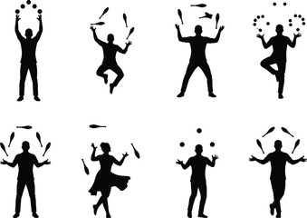 Silhouette juggling performers, men and women, various poses, circus entertainment, balance, coordination, art, performance, skill, practice, motion, black figures, isolated  © Mursalatun
