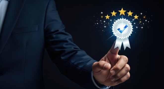 Hand Pointing to Quality Guarantee Badge with Five Stars, Symbolizing Excellence and Customer Satisfaction
