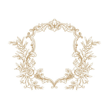 Vintage floral wedding crest frame with ornate gold border on white background.
