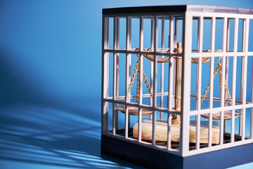 libra scale in a cage against blue background.