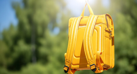 Yellow Backpack Hanging Outdoors with Green Trees in Background