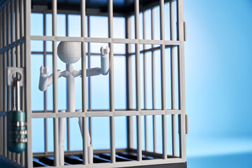 stickman in a  cage against blue background