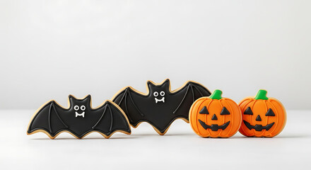 Halloween Cookies Bat and Pumpkin Treats on White Surface