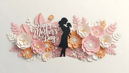 Happy mother's day greeting card with beautiful floral design and silhouette of a mother
