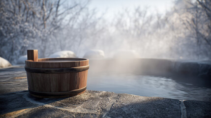 Wooden bucket beside a steaming hot spring in a snowy landscape