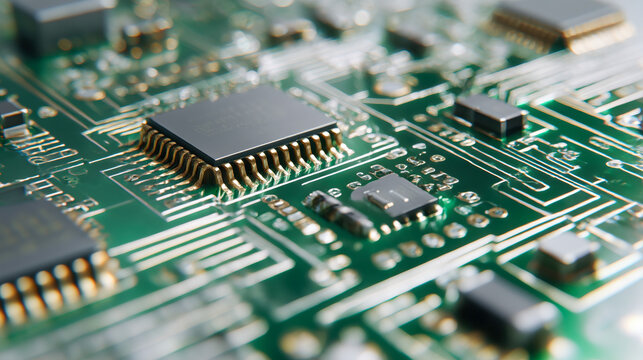 Macro of a green circuit board with microchips