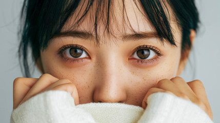 Macro portrait of a freckled woman with hands near face