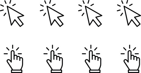 Black minimalist computer mouse cursor and hand clicking icon set featuring arrow pointers and touch finger symbols for web user interface and digital app interaction.
