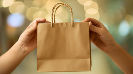 Brown paper shopping bag held by hands close up