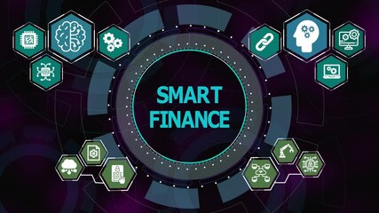 Smart finance concept with circular digital interface and technology icons representing intelligent payments, analytics, and automated systems. - Powered by Adobe