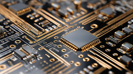 Macro circuit board with gold traces and microchips