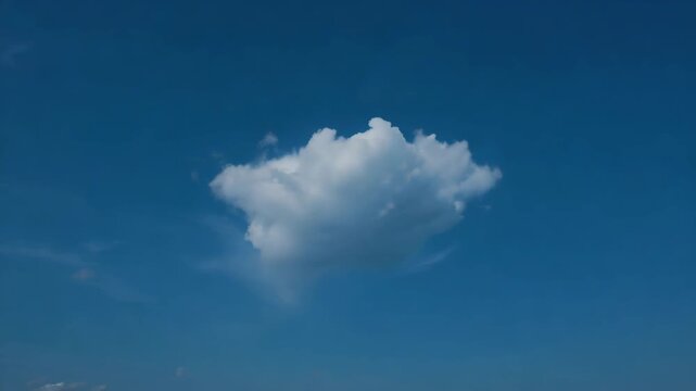 Timelapse sequence showing the evolution of a single white cumulus cloud against a deep blue sky. Natural meteorological process illustrating change and the passage of time